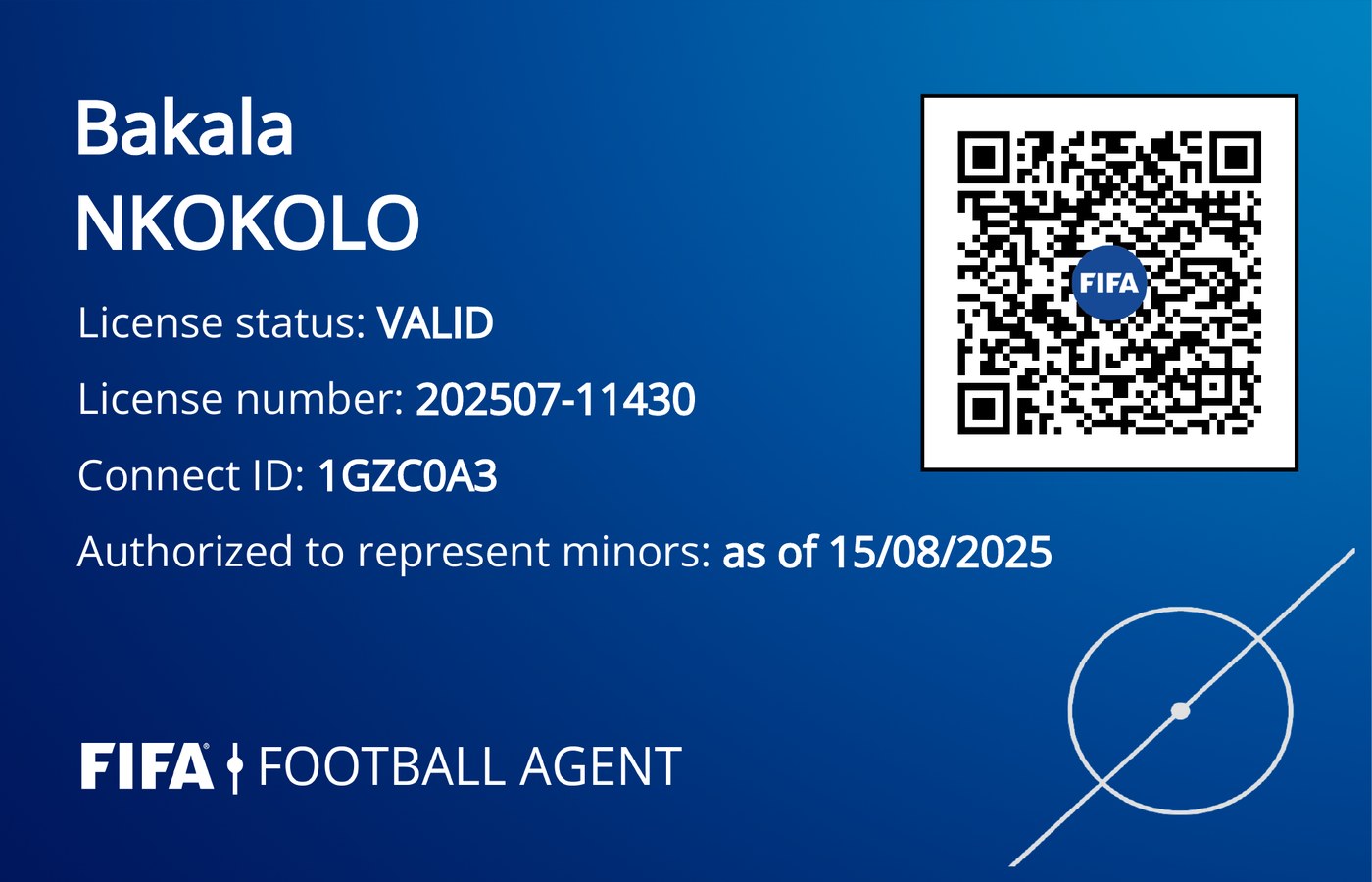 FIFA Football Agent digital card issued to Bakala Nkokolo, licence 202507-11430, status valid